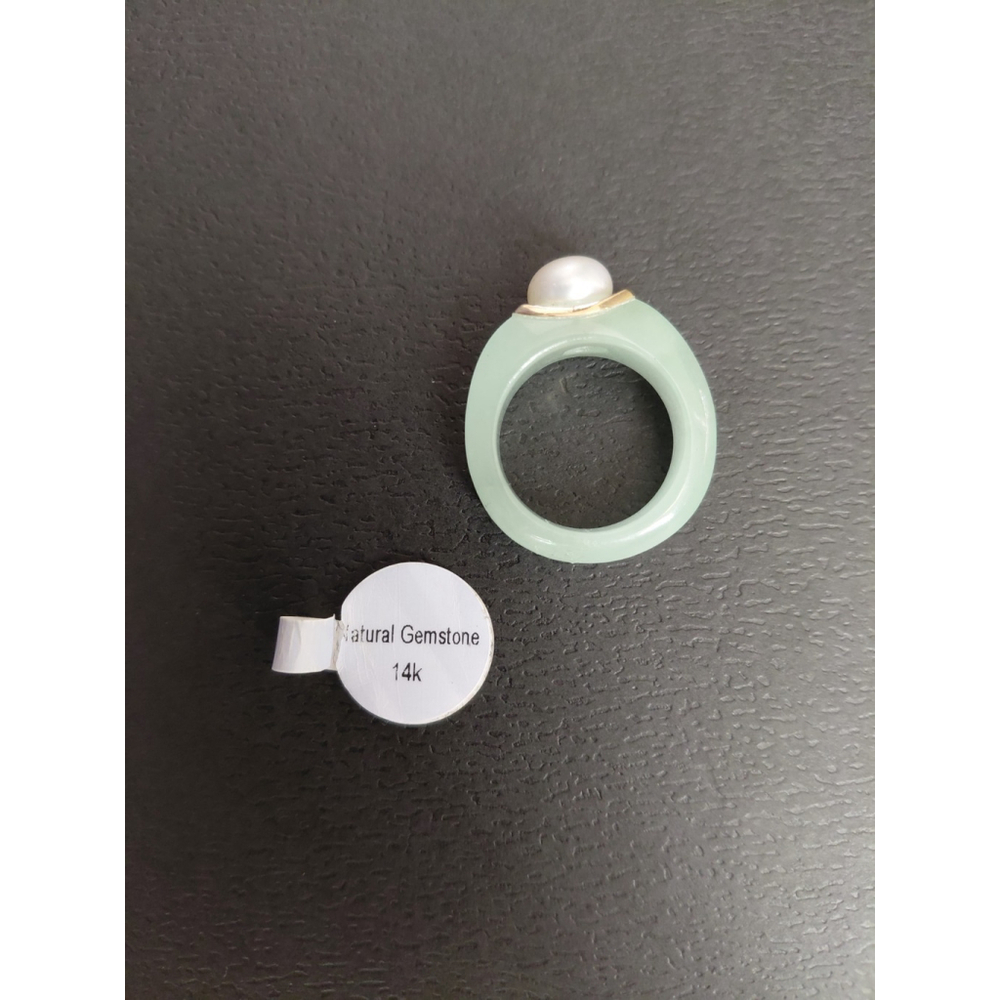 Natural Green Jade Pearl 14k Solid Yellow Gold Accent Ring Size 6 Brand New - Picture 6 of 8